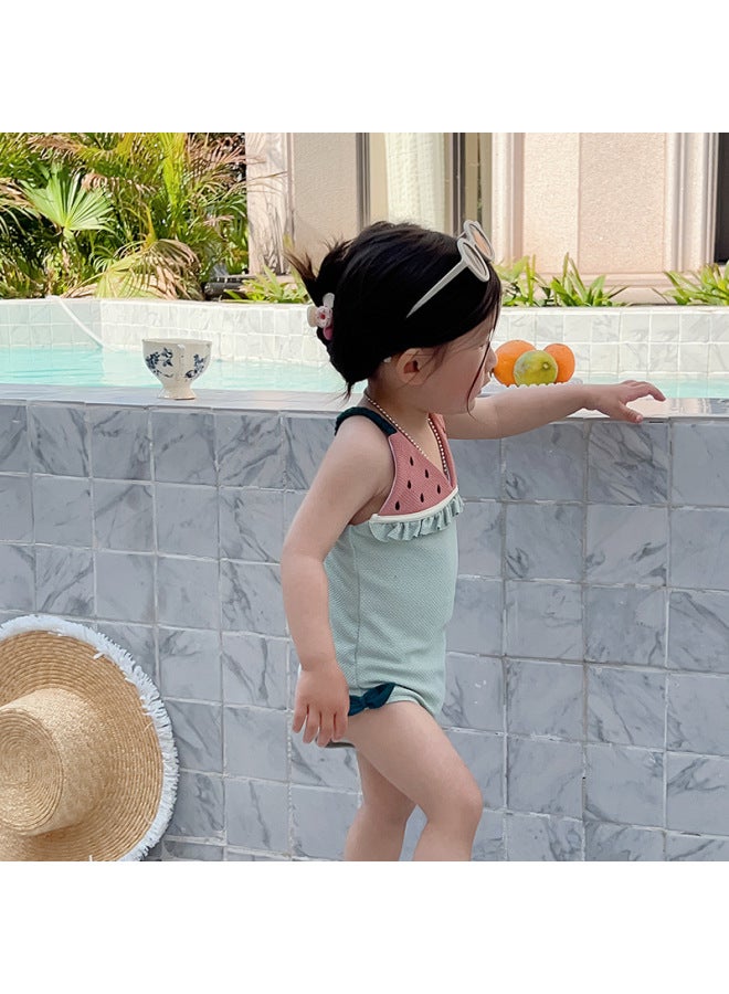 Loquat Summer Fun Cute Girl Fruit Swimwear Baby Girl One-piece Sling Beach Vacation Super Cute Swimwear-Color:Green Watermelon- - Image 1