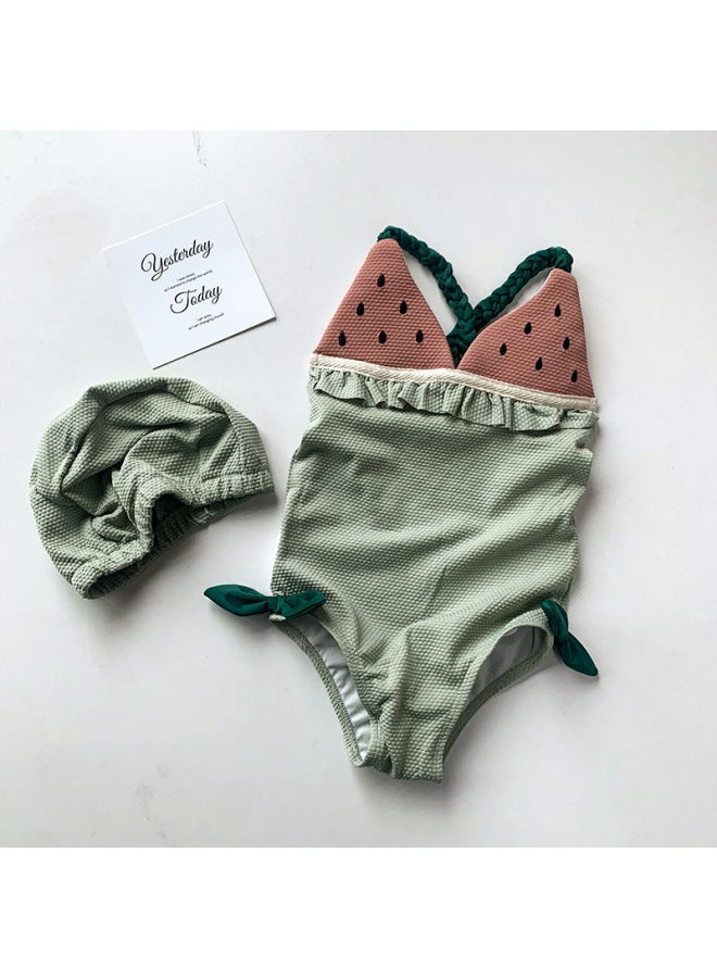 Loquat Summer Fun Cute Girl Fruit Swimwear Baby Girl One-piece Sling Beach Vacation Super Cute Swimwear-Color:Green Watermelon- - Image 5