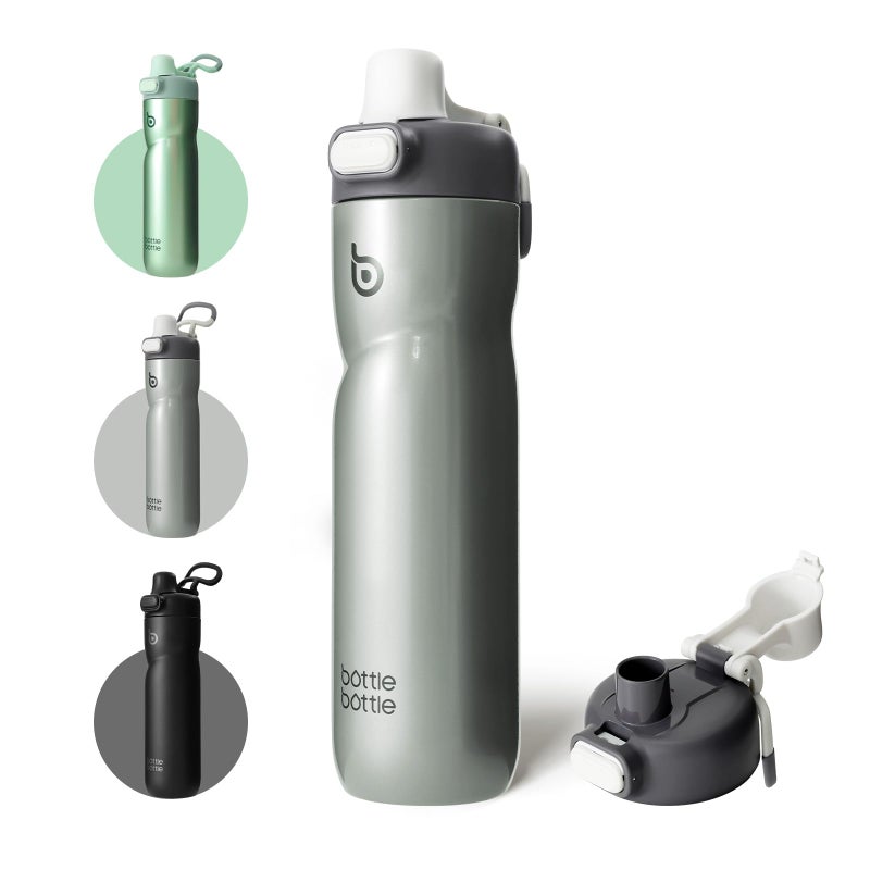 BOTTLE BOTTLE Insulated Water Bottle 24 oz with Handle and Flip Tops Lids Stainless Steel Water Bottle Push Button Lid Leak proof Portable for Running Travel Sports Hiking gray