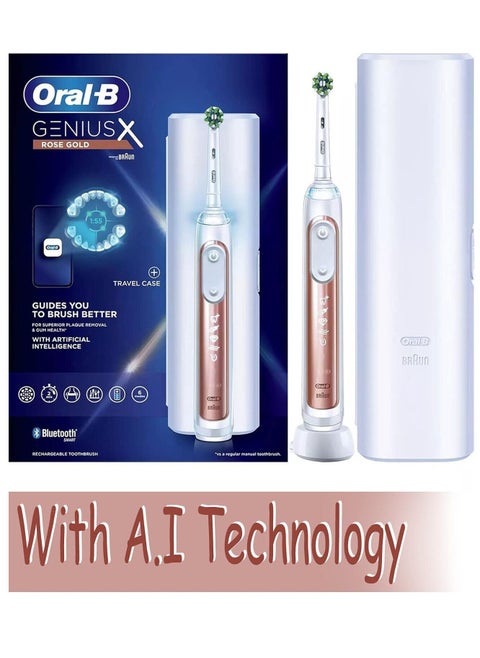 Oral-B Genius X Electric Toothbrush with Artificial Intelligence, App Connected Handle, Travel Case, 6 Mode Display with Teeth Whitening, Rose Gold