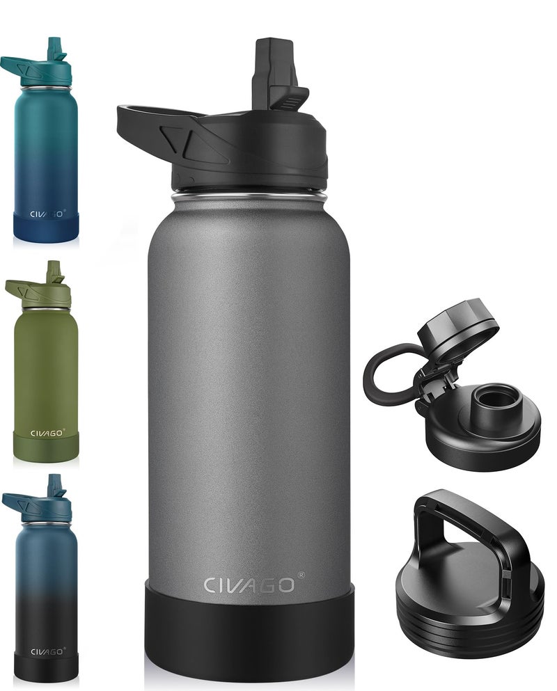 CIVAGO 32 oz Insulated Water Bottle With Straw Stainless Steel Sports Water Cup Flask with 3 Lids Straw Spout and Handle Lid Wide Mouth Travel Thermal Mug Cool Gray