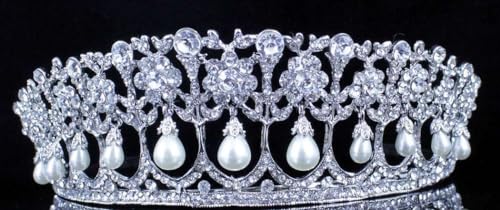 Janefashions Princess Pearl Austrian Crystal Rhinestone Hair Tiara Crown Wedding Prom T11895 - Image 3
