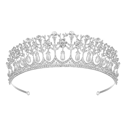 Janefashions Princess Pearl Austrian Crystal Rhinestone Hair Tiara Crown Wedding Prom T11895 - Image 1