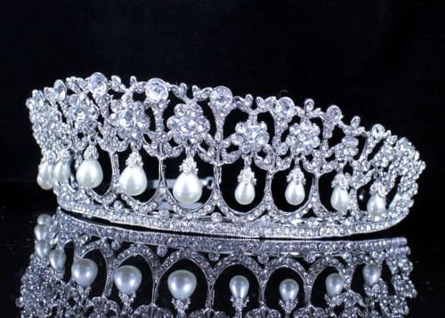 Janefashions Princess Pearl Austrian Crystal Rhinestone Hair Tiara Crown Wedding Prom T11895 - Image 4