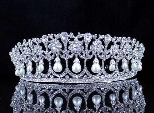 Janefashions Princess Pearl Austrian Crystal Rhinestone Hair Tiara Crown Wedding Prom T11895 - Image 2