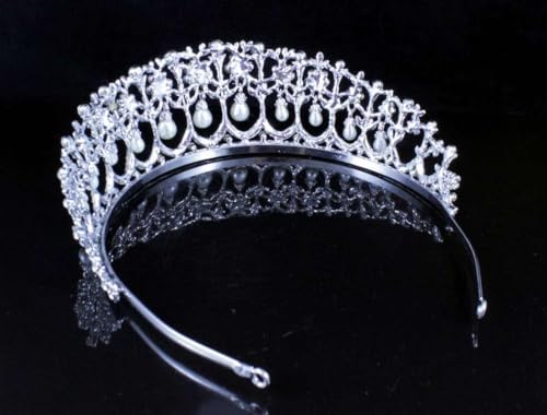 Janefashions Princess Pearl Austrian Crystal Rhinestone Hair Tiara Crown Wedding Prom T11895 - Image 5