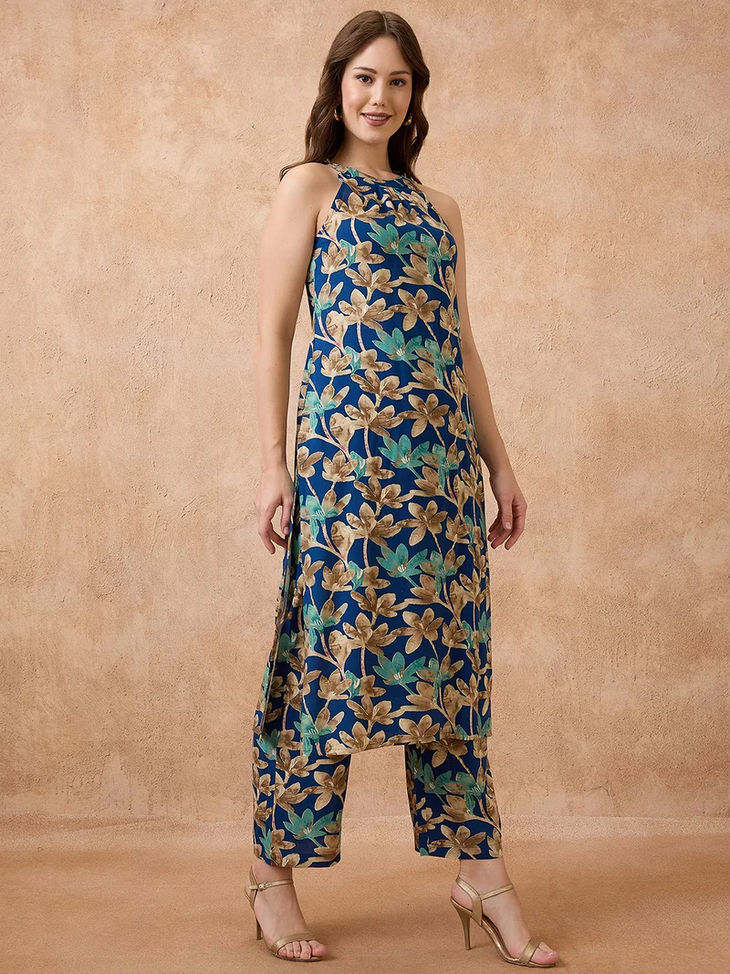 globus Women Allover Floral Printed Halter Neck Straight Kurta With Pants Fusion Set
