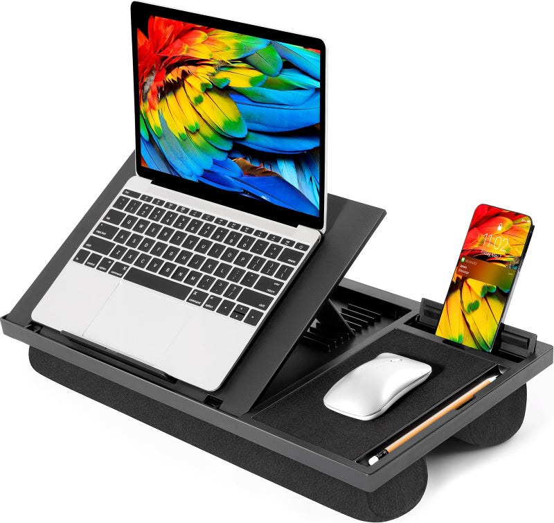 LORYERGO Adjustable Laptop Desk with Cushion, Mouse Pad & Cellphone Slot - Laptop Stand for Bed & Couch, Lap Desk for Home & Office (Black) - Image 1