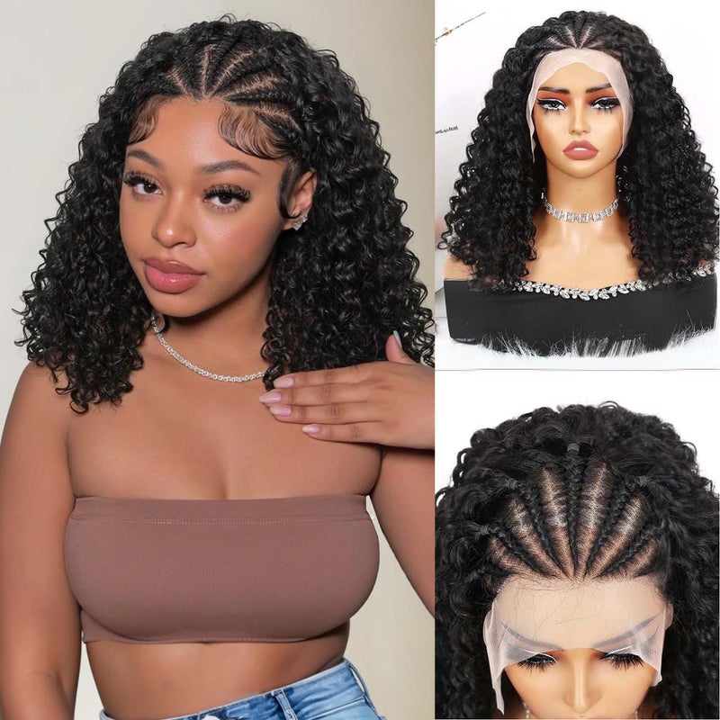 Quantum Love Braided Wigs for Black Women Braids Cornrows Lace Curly Wigs 16 Inch Lace Frontal Braided Fully Curly Bob Synthetic Glueless Wig - Image 1