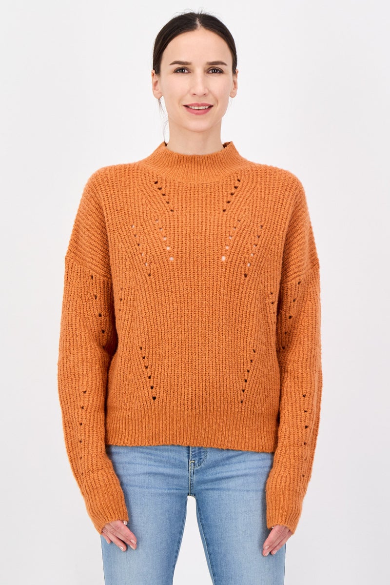 French Connection Women Mock Neck Knitted Long Sleeve Sweater, Rust - Image 1