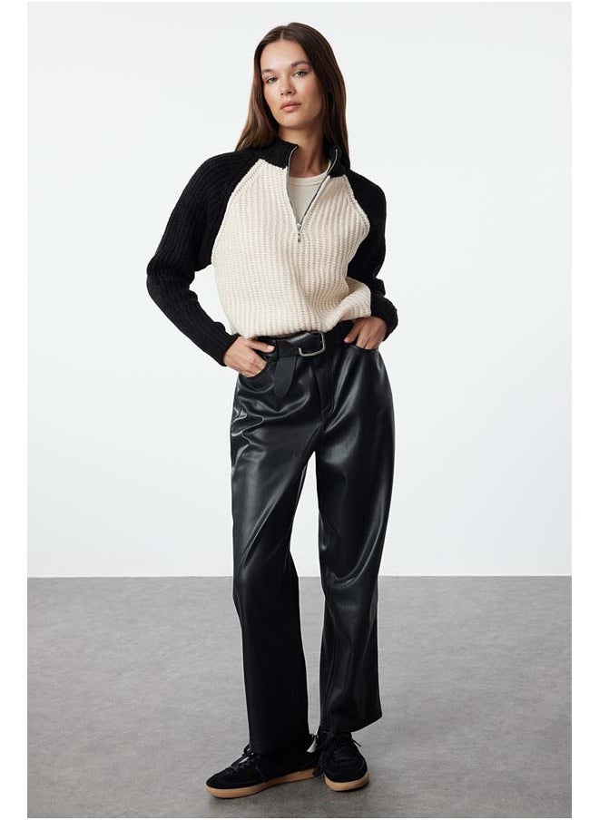 trendyol Black Color Block Zippered Knitwear Sweater TWOAW25KZ00179  - Image 2