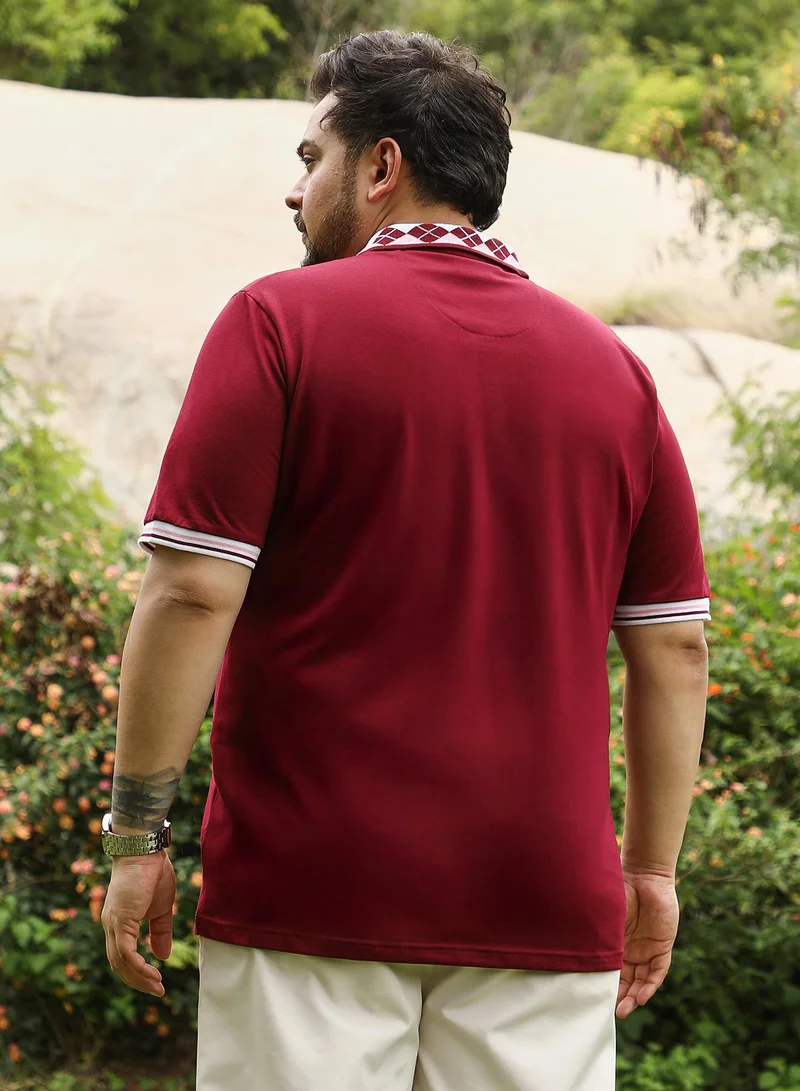 انستافاب بلس Instafab Plus Men Block Argyle-Knit Polo T-Shirt | Jacquard Polo Neck , Short Tipping Cuff Sleeves | Half-Button Closure , Straight Hem | Colourblock | Knit Fabric For Casual & Daily Wear | Wine Red
