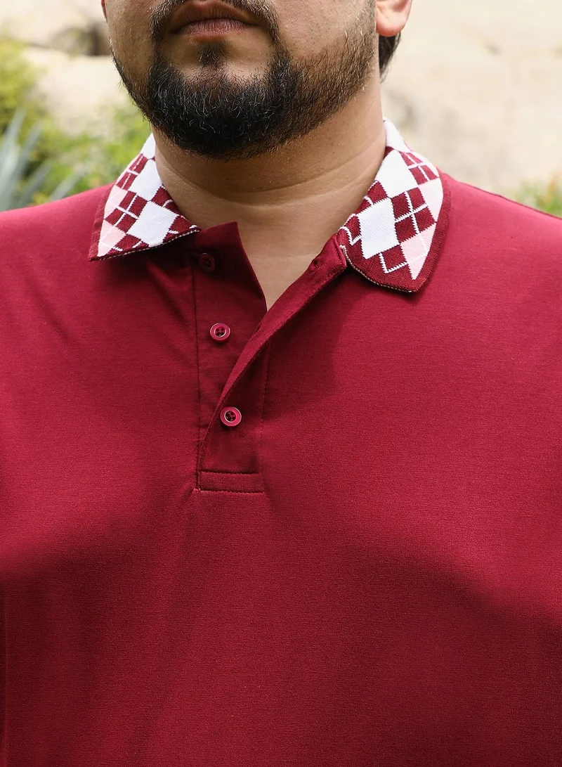 انستافاب بلس Instafab Plus Men Block Argyle-Knit Polo T-Shirt | Jacquard Polo Neck , Short Tipping Cuff Sleeves | Half-Button Closure , Straight Hem | Colourblock | Knit Fabric For Casual & Daily Wear | Wine Red