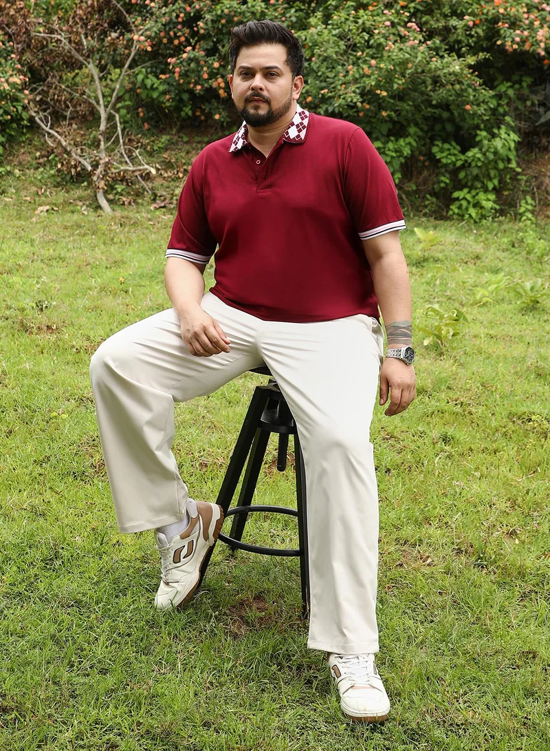انستافاب بلس Instafab Plus Men Block Argyle-Knit Polo T-Shirt | Jacquard Polo Neck , Short Tipping Cuff Sleeves | Half-Button Closure , Straight Hem | Colourblock | Knit Fabric For Casual & Daily Wear | Wine Red