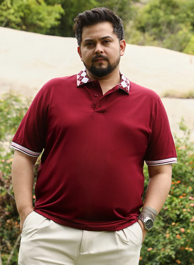 Instafab Plus Instafab Plus Men Block Argyle-Knit Polo T-Shirt | Jacquard Polo Neck , Short Tipping Cuff Sleeves | Half-Button Closure , Straight Hem | Colourblock | Knit Fabric For Casual & Daily Wear | Wine Red