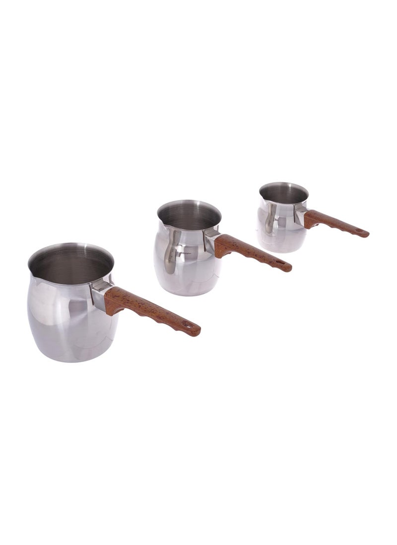 ALAMAREQ 3Pcs Stainless Steel Coffee Pot with Wooden Handle , Turkish Coffee Decanter, Ideal for Warming Milk & Making Sauces, Made of Food-Grade Material  - Image 1