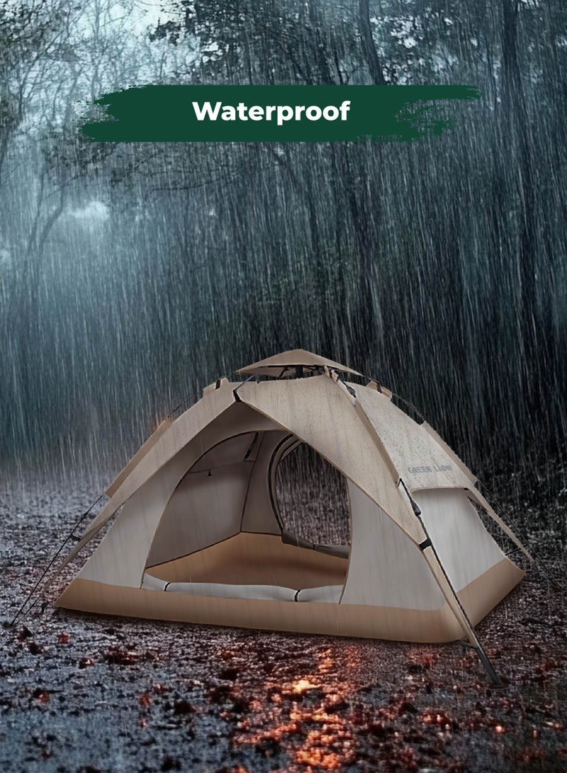 GREEN LION GT-4 Ultimate Camping Tent / 3-4 People Capacity / 210D Oxford Floor Material / UV Protection / Two Layers / Waterproof / Ventilated Mesh / Windproof Rope / Large Space / 2 Doors - Beige - Image 5