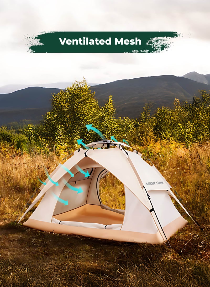 GREEN LION GT-4 Ultimate Camping Tent / 3-4 People Capacity / 210D Oxford Floor Material / UV Protection / Two Layers / Waterproof / Ventilated Mesh / Windproof Rope / Large Space / 2 Doors - Beige - Image 3