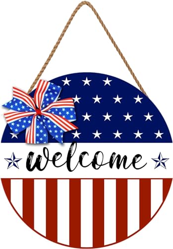 SuQKXCo American 4th of July Door Sign Independence Day Wreath Patriotic Stars Door Hanger Memorial Day Welcome Front for Door Decor 12 Inch Outdoor - Image 1