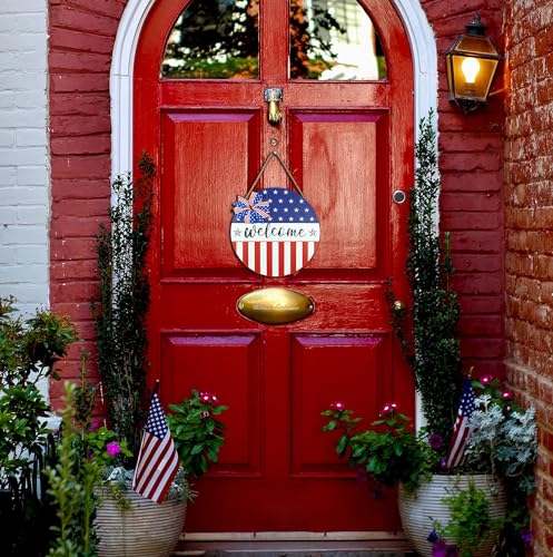 SuQKXCo American 4th of July Door Sign Independence Day Wreath Patriotic Stars Door Hanger Memorial Day Welcome Front for Door Decor 12 Inch Outdoor - Image 5