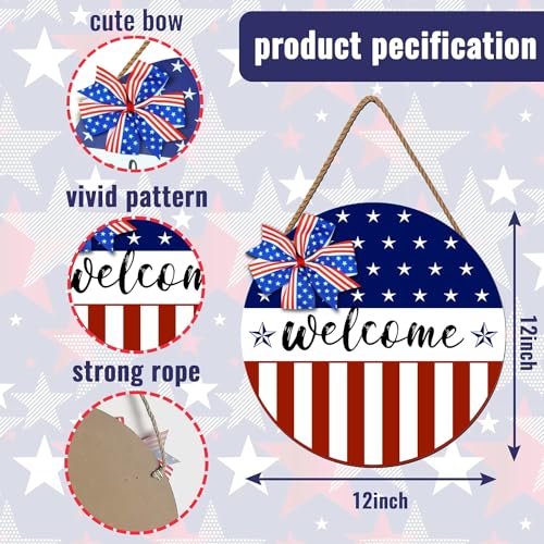 SuQKXCo American 4th of July Door Sign Independence Day Wreath Patriotic Stars Door Hanger Memorial Day Welcome Front for Door Decor 12 Inch Outdoor - Image 2