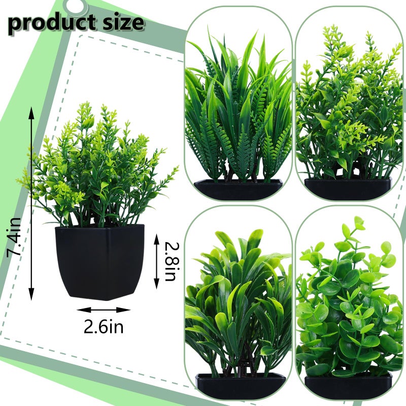 GREENTIME 4 Pack Fake Plants in Black Pot Mini Artificial Eucalyptus Potted Plant Small Faux Grass Greenery Potted for Indoor Home Office Farmhouse Bathroom Table Decoration - Image 2