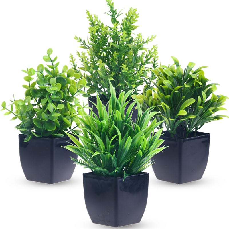 GREENTIME 4 Pack Fake Plants in Black Pot Mini Artificial Eucalyptus Potted Plant Small Faux Grass Greenery Potted for Indoor Home Office Farmhouse Bathroom Table Decoration - Image 1