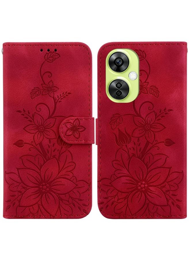 HuHa Case Cover For For OnePlus Nord CE 3 Lite / N30 Lily Embossed Leather Phone Case(Red) 