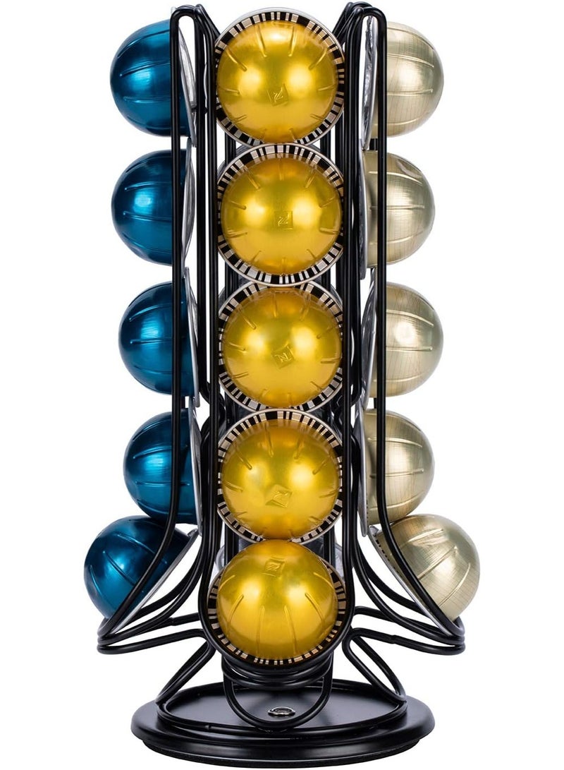 FlagShip Vertuo Pod Holder Coffee Pod Carousel Stand Storage for Nespresso Vertuoline, Small Size 360-Degree Rotation Wire Metal Black (20 Pods Capacity) - Image 1