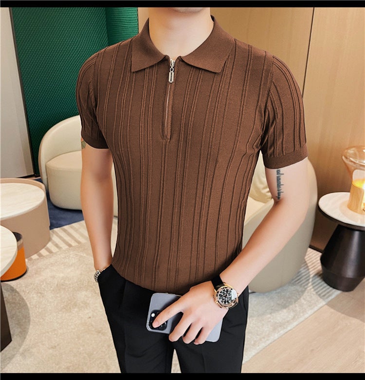 Men's Striped Knitted Short Sleeve Polo Shirt Summer Thin Ice Silk Fabric - Image 3