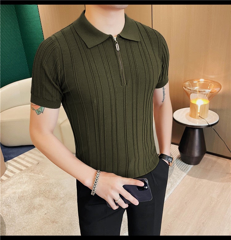 Men's Striped Knitted Short Sleeve Polo Shirt Summer Thin Ice Silk Fabric - Image 2