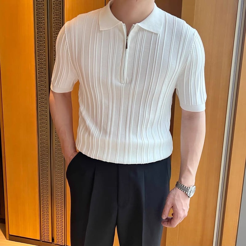 Men's Striped Knitted Short Sleeve Polo Shirt Summer Thin Ice Silk Fabric - Image 1