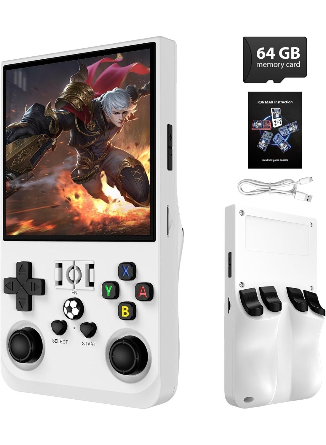 R36MAX Retro Handheld Game Console with 4.0-Inch IPS Display, Portable Arcade Gaming Player with 64GB Memory and Built-In Classic Games, Rechargeable Video Game Console Gift for Adults – Light White