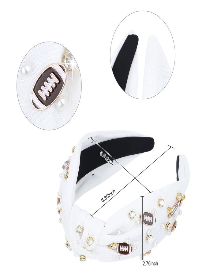 YARIEW Football Headband for Women Pearl Rhinestone Jeweled Knotted Headband Wide Fashion Headband Game Day Sports Hair Accessories Gift for Football Mom Fans Christmas (White) - Image 2