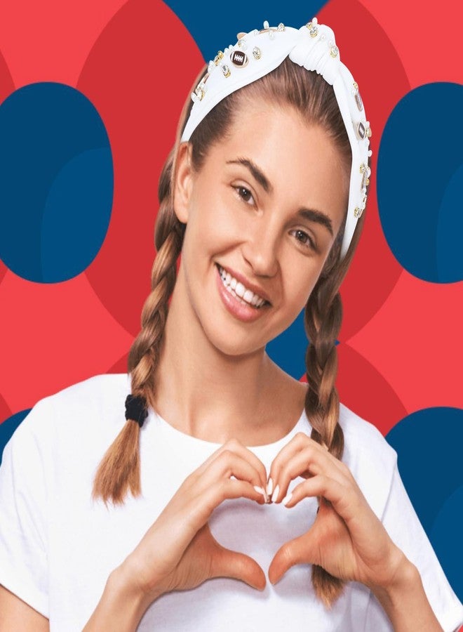 YARIEW Football Headband for Women Pearl Rhinestone Jeweled Knotted Headband Wide Fashion Headband Game Day Sports Hair Accessories Gift for Football Mom Fans Christmas (White) - Image 5