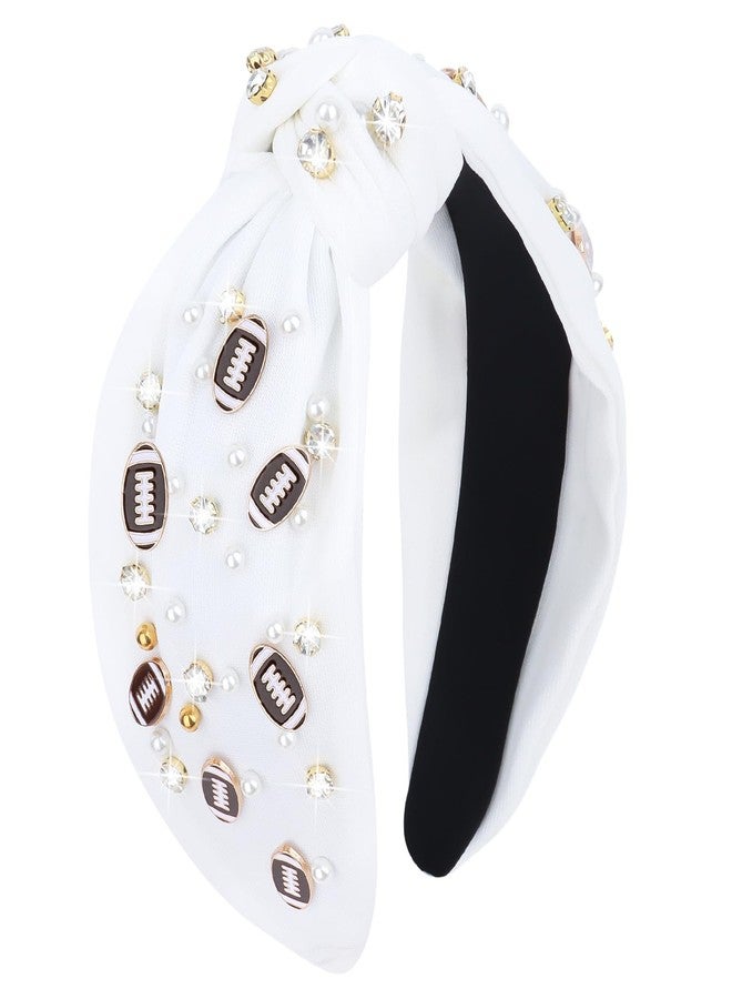 YARIEW Football Headband for Women Pearl Rhinestone Jeweled Knotted Headband Wide Fashion Headband Game Day Sports Hair Accessories Gift for Football Mom Fans Christmas (White) - Image 1