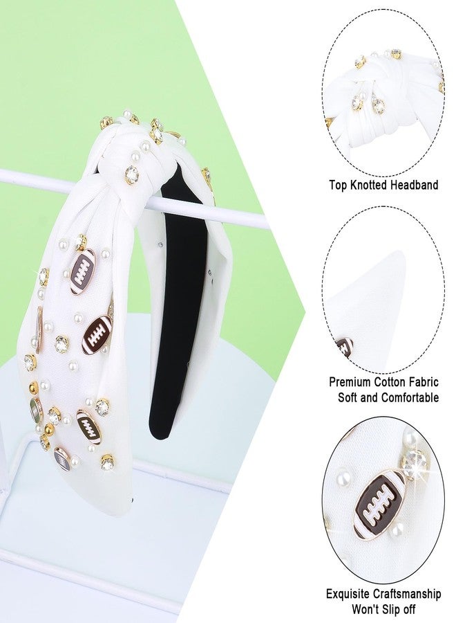 YARIEW Football Headband for Women Pearl Rhinestone Jeweled Knotted Headband Wide Fashion Headband Game Day Sports Hair Accessories Gift for Football Mom Fans Christmas (White) - Image 3