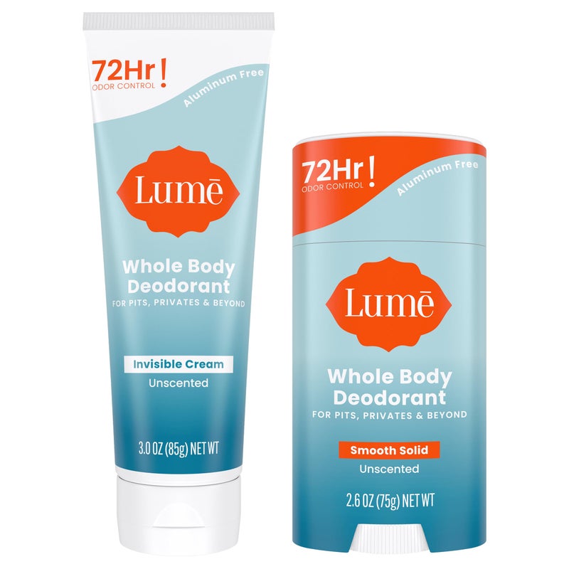 Lume Whole Body Deodorant  Invisible Cream and Solid Unscented  72 Hour Odor Control  Aluminum  Baking Soda Free Skin Safe  3 oz Cream  26 oz Solid Bundle
