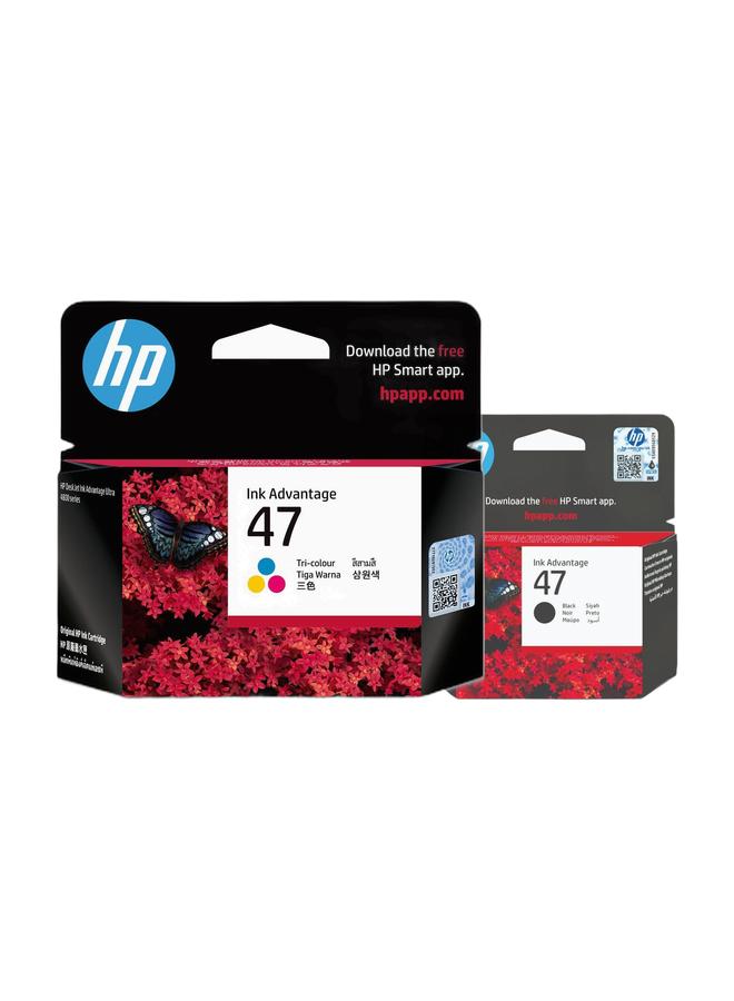 HP 47 Tri-Color Original Ink Advantage Cartridge, 6Zd61Ae Cyan, Magenta, Yellow & 47 Original Black Ultra Ink Advantage Cartridge (6ZD21AE) Black Bundle - Image 1