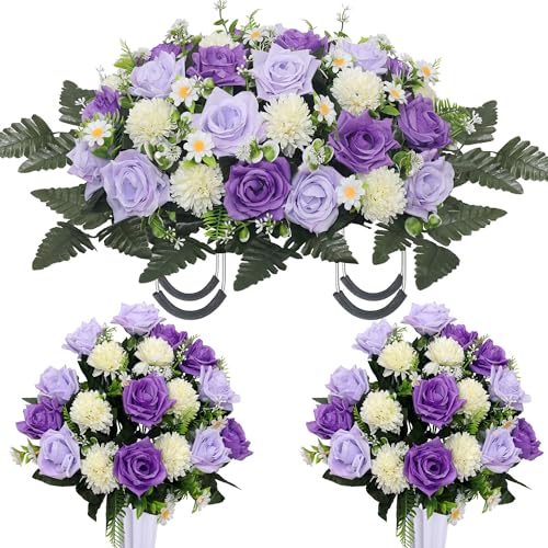 Lodou 3Pack Cemetery Decorations for Grave Large Headstone Flower Saddle Artificial Rose Bouquets with Vases for Outdoor Grave Headstone Decorations(Purple) - Image 1