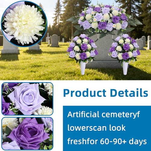 Lodou 3Pack Cemetery Decorations for Grave Large Headstone Flower Saddle Artificial Rose Bouquets with Vases for Outdoor Grave Headstone Decorations(Purple) - Image 2