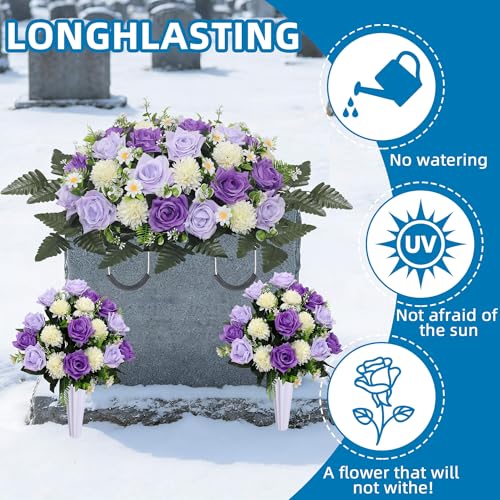 Lodou 3Pack Cemetery Decorations for Grave Large Headstone Flower Saddle Artificial Rose Bouquets with Vases for Outdoor Grave Headstone Decorations(Purple) - Image 3