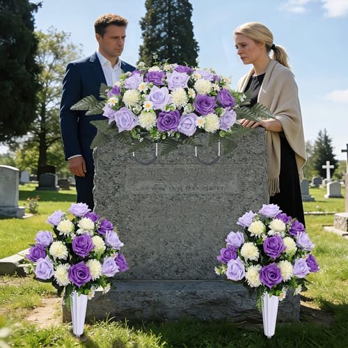 Lodou 3Pack Cemetery Decorations for Grave Large Headstone Flower Saddle Artificial Rose Bouquets with Vases for Outdoor Grave Headstone Decorations(Purple) - Image 5