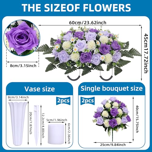Lodou 3Pack Cemetery Decorations for Grave Large Headstone Flower Saddle Artificial Rose Bouquets with Vases for Outdoor Grave Headstone Decorations(Purple) - Image 4