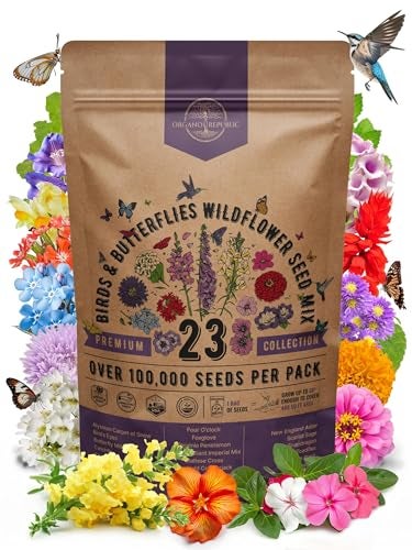 Organo Republic 23 Wildflower Seeds Annual & Perennial Mix for Indoor & Outdoors, Attract Birds & Butterflies 100,000+ Non-GMO, Heirloom Garden Seeds, 4oz Packet for Growing Wild Flowers - Image 1