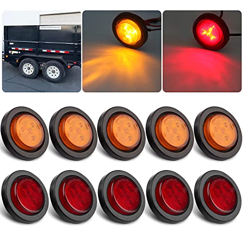 Konrali 10Pcs 2 Inch Round Led Marker Lights, 2 Inch Round Trailer LED Side Marker and Clearance Marker Lights 4 LED Sealed Flush Mount with Rubber Grommets and 2 Prong Wire Pigtails Waterproof (5Red+5Amber) - Image 1
