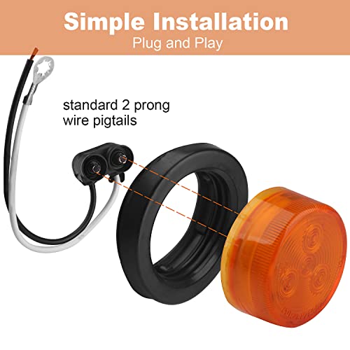 Konrali 10Pcs 2 Inch Round Led Marker Lights, 2 Inch Round Trailer LED Side Marker and Clearance Marker Lights 4 LED Sealed Flush Mount with Rubber Grommets and 2 Prong Wire Pigtails Waterproof (5Red+5Amber) - Image 5