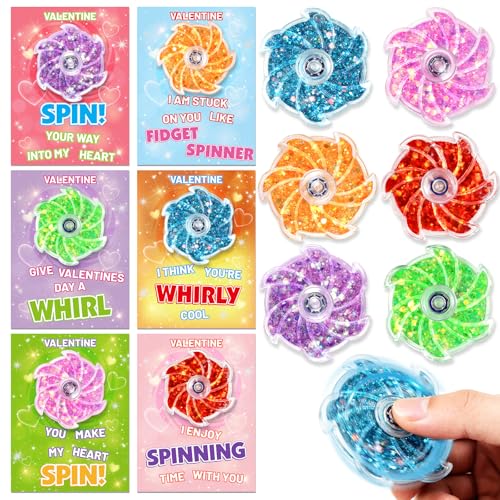 LACCHOUFEE Valentines Day Gifts For Kids 24 Pack Glitter Fidget Spinners with Greeting Cards Valentines Sensory Toys Bulk for School Classroom Exchange Prizes Boys Girls Gift Party Favors - Image 1