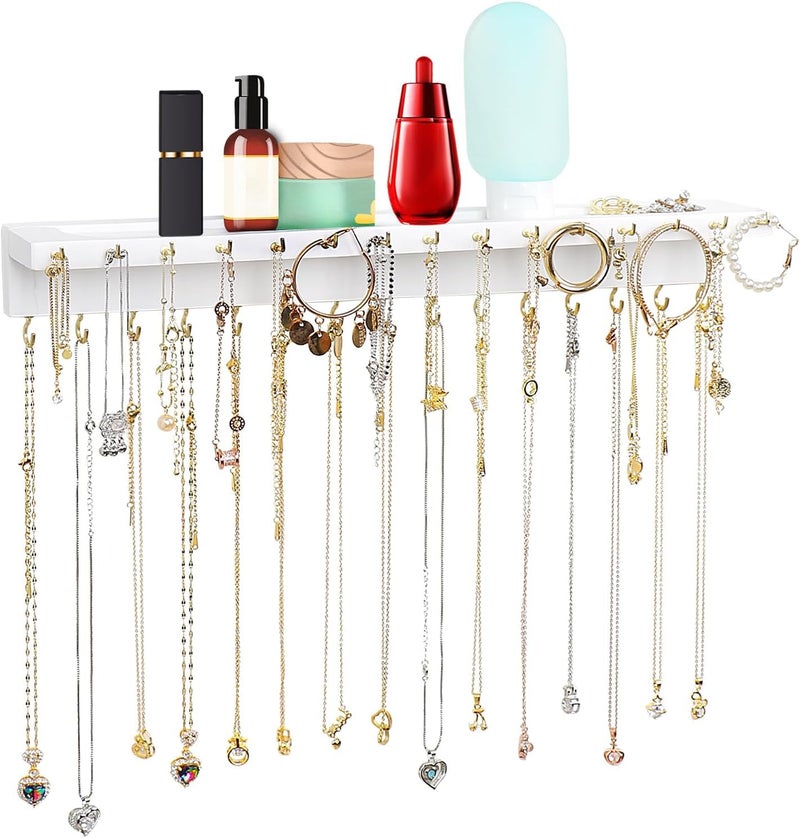 YYILIS Necklace Holder, Upgraded Extra Large Wall Necklace Organizer with 30 Hooks Wall Mounted Necklace Hanger with Jewelry Tray/Cosmetics Shelf Rustic Pine Wood Holder (White) - Image 1
