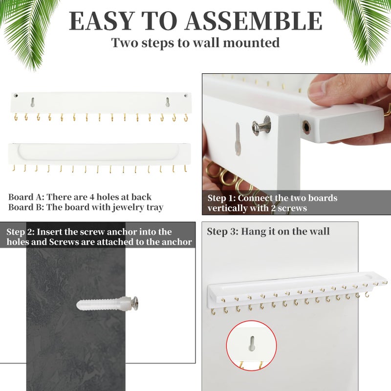 YYILIS Necklace Holder, Upgraded Extra Large Wall Necklace Organizer with 30 Hooks Wall Mounted Necklace Hanger with Jewelry Tray/Cosmetics Shelf Rustic Pine Wood Holder (White) - Image 5
